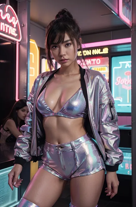 “Develop an HD Ultra Realistic image of Young Attractive Asian Woman Sophie Tan posing in a Y2K fashion scene. Sophie is outfitted in a holographic bomber jacket over a neon crop top and matching mini skirt, paired with knee-high boots. The backdrop featur...