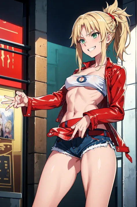 masterpiece, Highest quality, figure, City Street, One girl, Mordred (destiny), Cowboy Shot, clavicle, Detailed blonde hair ponytail braid, Green Eyes, Red leather jacket, White short blouse, Denim shorts,belly button,Up to the thighs,Grin, Covered_Pussy,s...