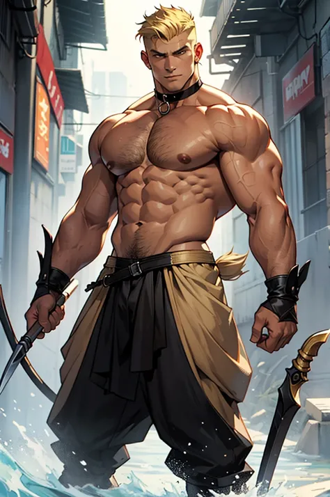 a buff man with blonde shaved upper cut hair wearing a black choker holding a spear full body shot