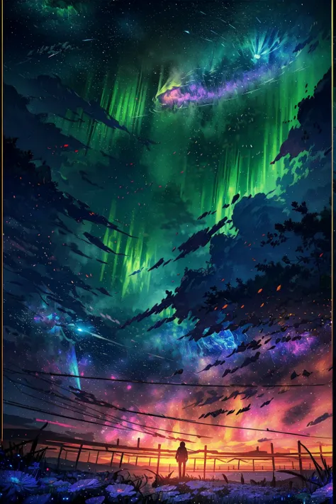 Illustrations that focus on characters、Vast landscape photography , (A view from below, with the sky above and the wide fields below), A girl standing in a flower field looking up, (full moon:1.2), ( shooting star:0.9), (nebula:1.3), Distant Mountain, Tree...