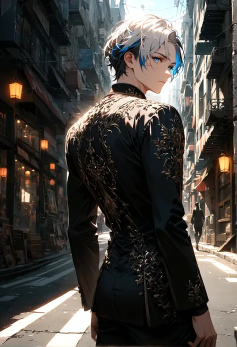 A man with black and white highlighted hair and blue eyes, standing alone with his back turned, half-faced, wearing normal clothes in the middle of the city during the day.