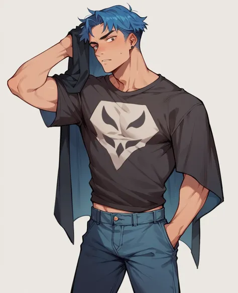 a small asexual male mage in a dark t-shirt with dark blue pants and a black cloak and blue hair