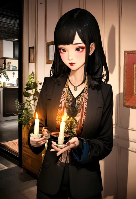 , yuppie, korean makeup, black olive, bohemian, bohemian, candlelit, dark academia interior design, dark academia interior design, contemporary architecture, photopainting, autodesk maya, boho outfit, blazer