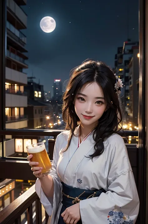 (masterpiece), best quality, expressive eyes, perfect face, At night, under the city lights, on a balcony of an apartment, a woman in a kimono drinks beer, smiling, under the moon and stars, feeling the night breeze.