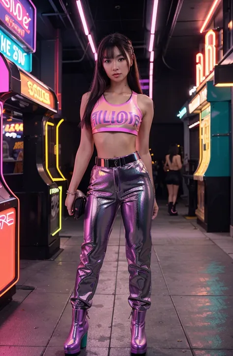 “Create an HD Ultra Realistic image of Young Attractive Asian Woman Sophie Tan in a Y2K-inspired fashion editorial. Sophie is dressed in a metallic purple crop top with cut-out details and matching pleather pants, accessorized with chunky platform boots an...