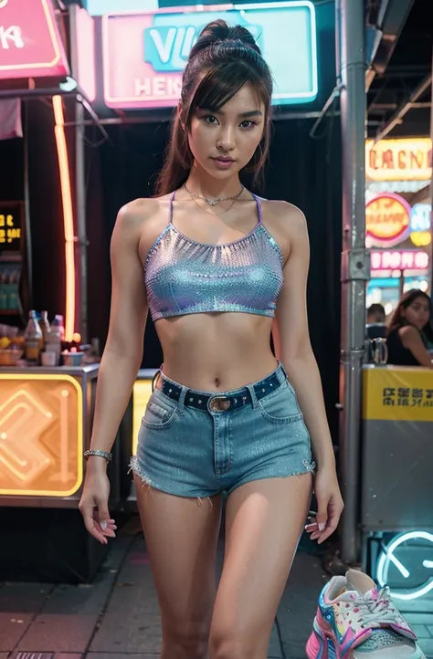 Create an HD Ultra Realistic image of Young Attractive Asian Woman Sophie Tan posing for a Y2K fashion shoot. Sophie is dressed in a holographic blue tube top and high-waisted denim shorts with rhinestone embellishments, accessorized with platform sneakers...