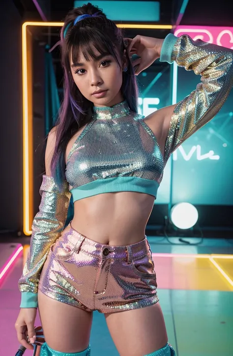 “Develop an HD Ultra Realistic image of Young Attractive Asian Woman Sophie Tan posing in a Y2K fashion scene. Sophie is outfitted in a glittery turquoise crop top and matching mini skirt with knee-high boots. The backdrop features a retro roller disco wit...