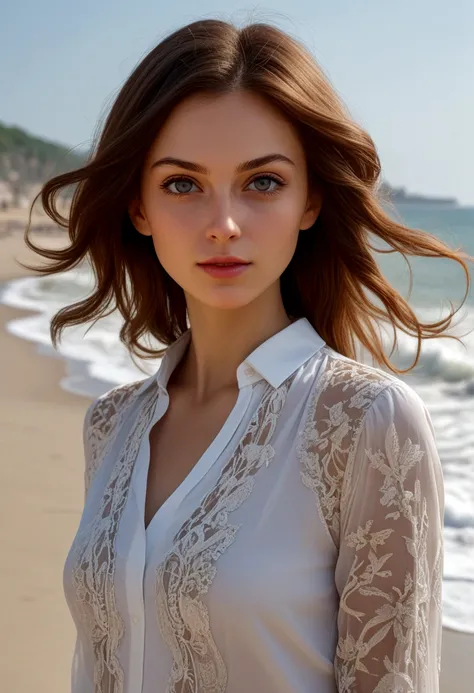 БритниСпирс-SMF,, Close-up headshot, великолепonя женщиon, on (beach:1.2), wear (thin blouse:1.2), (8 k, Raw photo, Best quality, глубиon резкости, Ultra high resolution:1.2), (absurdity, difficult, Photorealistic, masterpiece, ultra detailed)