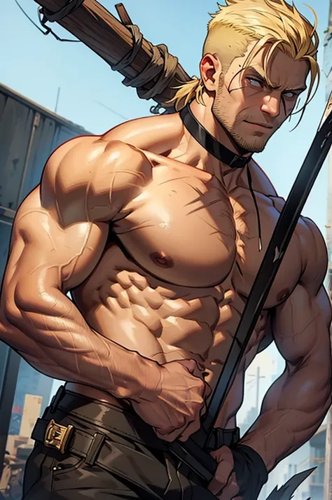 a buff man with blonde shaved upper cut hair wearing a black choker holding a spear in the zombie apocalypse body shot