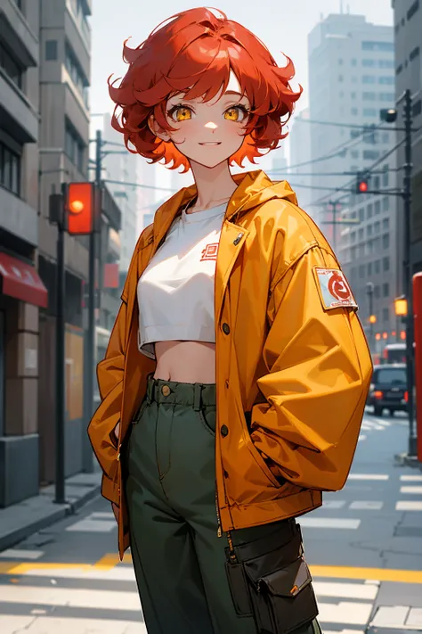 1female, short curly hair, light red hair, pastel red hair, happy expression, yellow eyes, baggy jacket, croptop shirt, baggy pants, city background, detailed background, hands to side, standing on path