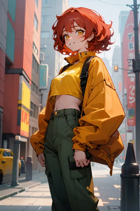 1female, short curly hair, light red hair, pastel red hair, happy expression, yellow eyes, baggy jacket, croptop shirt, baggy pants, city background, detailed background, hands to side, standing on path