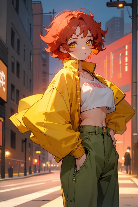 1female, short curly hair, light red hair, pastel red hair, happy expression, yellow eyes, baggy jacket, croptop shirt, baggy pants, city background, detailed background, hands to side, standing on path