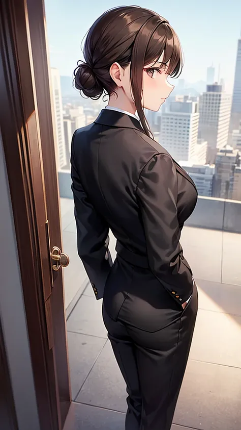 Half-body portrait of a middle-aged woman Her brown hair was beautifully tied back and the back of her suit was visible. Standing in an all black suit, standing with your back looking at the beautiful view of the sky.