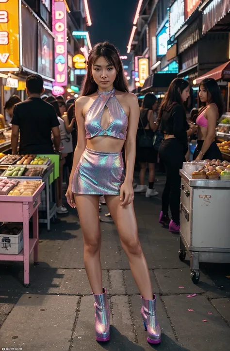 “Create an HD Ultra Realistic image of Young Attractive Asian Woman Sophie Tan posing for a Y2K fashion shoot. Sophie is dressed in a holographic silver mini dress with a halter neck, accessorized with neon pink platform boots and a small backpack. She sta...