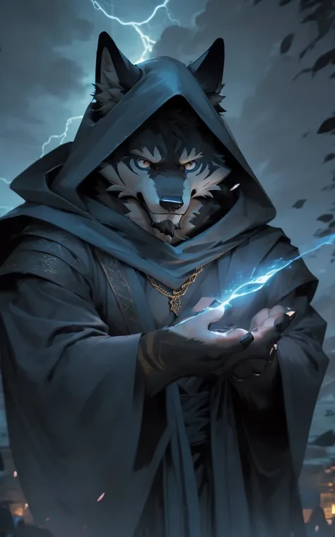 ((best quality)), ((masterpiece)), (detailed), Perfect face,Solitary,Beast field,night,fantasy,rain,thunder,Black fur,Gold Stripes,Anthropomorphic Black Wolf.Wearing a robe that fits his muscles, A long blue cape draped over his shoulders.Golden Eyes,magic...