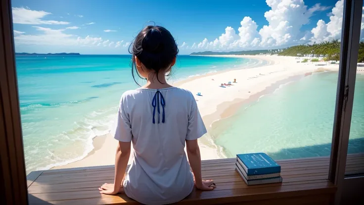 Highest quality、 Blue sea and white sand beach、And then I took a picture of the back of a person looking out at the horizon、One person、simple