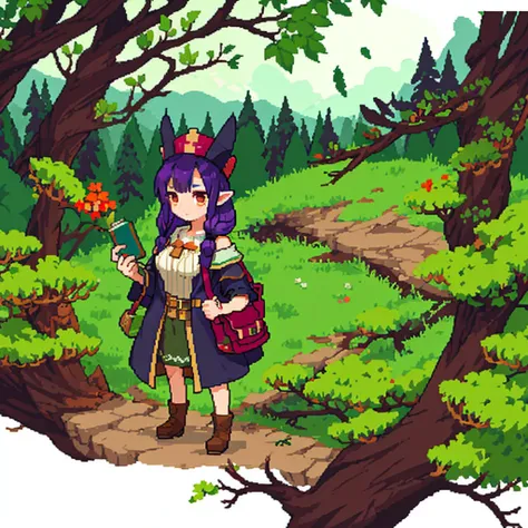 young woman , half-elf , Medium breasts , closed alchemist clothing , hat , dark purple hair , long hair with one braid , orange eyes , calm cold look , holding a book in one hand , shoulder bag, collects medicinal herbs  , In the woods, masterpiece  ,((Be...