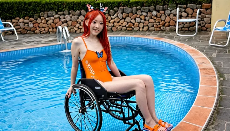 Uhd, photo of Cami, subject: Noriko, 1/2 Japanese 1/2 Hainu skinny girl with long red hair in a 2/00 large wheelchair, blue+++ eyes, oval face, LGBTQIA+, queer, punk style, wearing n orange swimsuit, buttefly hairclip, tattooes. she is getting her feet wet...