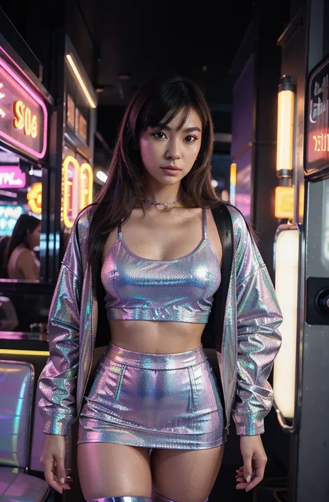 “Develop an HD Ultra Realistic image of Young Attractive Asian Woman Sophie Tan posing in a Y2K fashion scene. Sophie is outfitted in a holographic jacket over a neon crop top and matching mini skirt, paired with knee-high boots. The backdrop features a re...