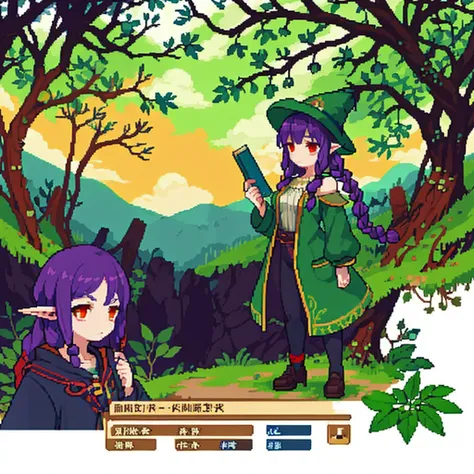 young woman , half-elf , Medium breasts , closed alchemist clothing , hat , dark purple hair , long hair with one braid , orange eyes , calm cold look , holding a book in one hand , shoulder bag, collects medicinal herbs  , In the woods, masterpiece  ,((Be...