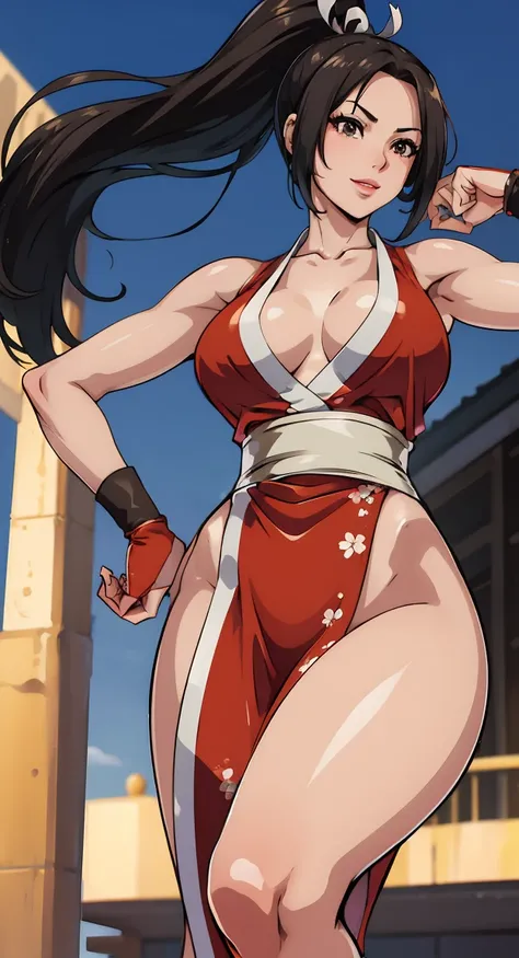 (Mai Shiranui),__body parts__, official art, 8k unit wallpaper, ela esta mostrando a lateral, pose lateral, ultra detailed, beautiful, masterpiece, Super fine photo, high quality, super tall resolution, photorealistic, sunlight, smile, elegant dress, jewel...