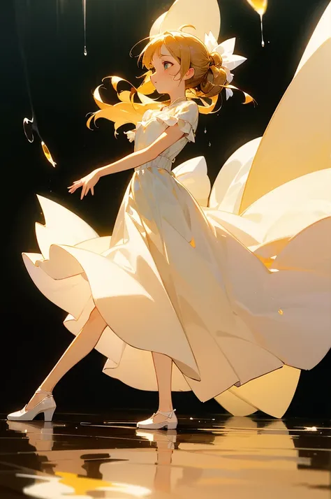 beautiful、beautiful girl、Simple white dress、Dancing Solo、grab the hem of the dress、Dancing softly、The girl looks up to the sky、Dripping honey on the body、Apply honey to the skin、Honey flows down、sweet、Light、reflection、Fading colors、bright、Low Contrast