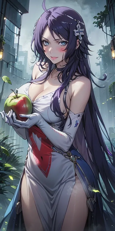 MC, ahoge, (long hari, purple hair:1.3), hair ornament, dark-blue eyes, anatomically correct, heavy breathing, mature female, fruit, food, 1girl, apple, holding_apple, holding_fruit, solo, dress, breasts, holding, looking_at_viewer, white_dress, bare_shoul...