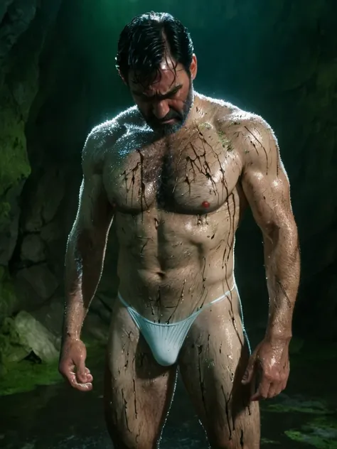 In a dark cavern, standing on a green-shining circle, shoulders hunched, head bowed, sweat dripping from his face, a middle-aged, very hairy,solidly-built superman stands naked in white briefs with a pained, pitiful expression on his face.