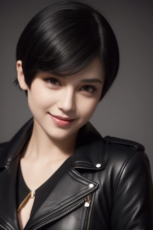 A digital portrait of a young woman aged between 18-25 years old. She has short, black pixie-cut hair. Her face is oval-shaped with smooth lines, thick and neat black eyebrows, large round dark brown eyes, a small pointed nose, and thin lips with a wide, b...