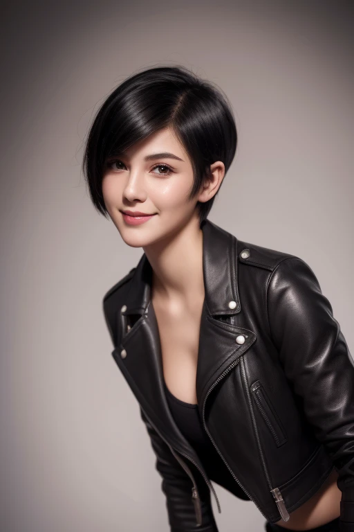 A digital portrait of a young woman aged between 18-25 years old. She has short, black pixie-cut hair. Her face is oval-shaped with smooth lines, thick and neat black eyebrows, large round dark brown eyes, a small pointed nose, and thin lips with a wide, b...