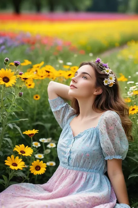 A serene 23-year-old woman with brown hair and brown eyes, sitting or lying in a colorful flower meadow, stretching her arms to the sides and enjoying the moment. She is wearing a romantic pastel-colored summer dress with flowers in her hair. The backgroun...