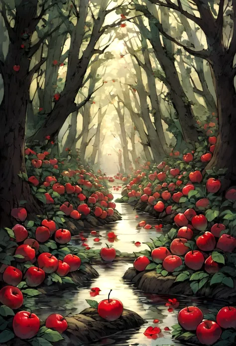 A forest full of apples,A stream flows,Composition from the front,There are no apples on the ground, but flowers
