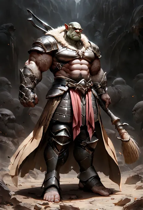 Game character standing drawing design，Orc female，Leather armor，Fur shoulders，Stout limbs，Strong muscles，The barefoot，Holding a huge barbed stick，Different layers overlay，Different angles，（Back all over the body：1.4），solid color backdrop，clean backdrop，dep...