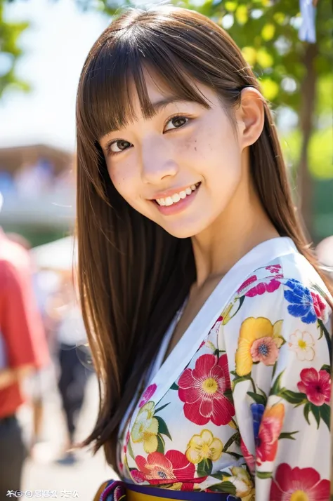 Japanese traditional kimono, flower pattern yukata, summer festival night stall, first year high school student, ((full body)), ((photo)), ((best qualtiy, 8K, tmasterpiece:1.3)), Focus:1.2, perfect figure beautiful girl:1.4, 1girl, cowboy shot, look at vie...