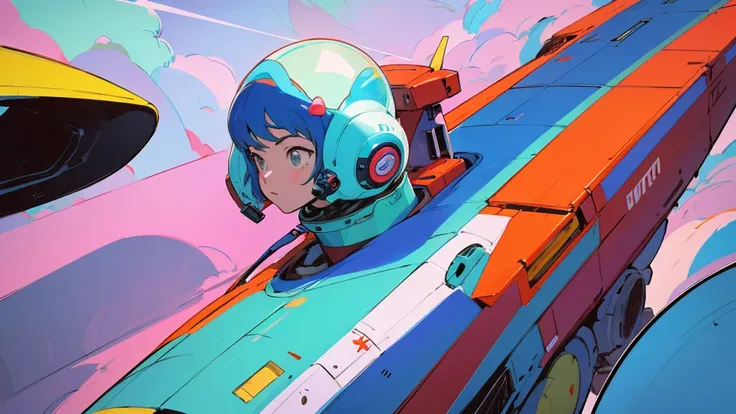 Cartoon character wearing a space suit flying a plane, Portrait anime astronaut girl, Pilot Girl, cute Pilot Girl, lo-fi girl, Akira art style, macross style, Akira-style illustration, style of akira motion movie, M Cross, Akira Vibe, Inspired by Josan Gon...