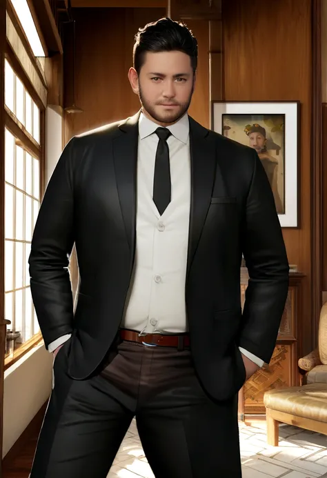 Hyperrealistic 3D Cartoon style character, 32 year old man, ideal fat body, short black hair, and wearing black suit and white shirt and black tie, yuppie, black olive, bohemian, dark academia interior design, contemporary architecture , photopainting, aut...