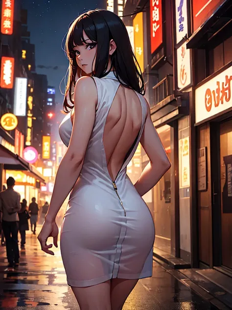 (​masterpiece、top-quality、hight resolution、Unity 8k Wallpaper、extremely details CG:1), The focus is on the back of the prostitute leading the way through the nighttime entertainment district, and her figure is the star of the show. She walks confidently fo...