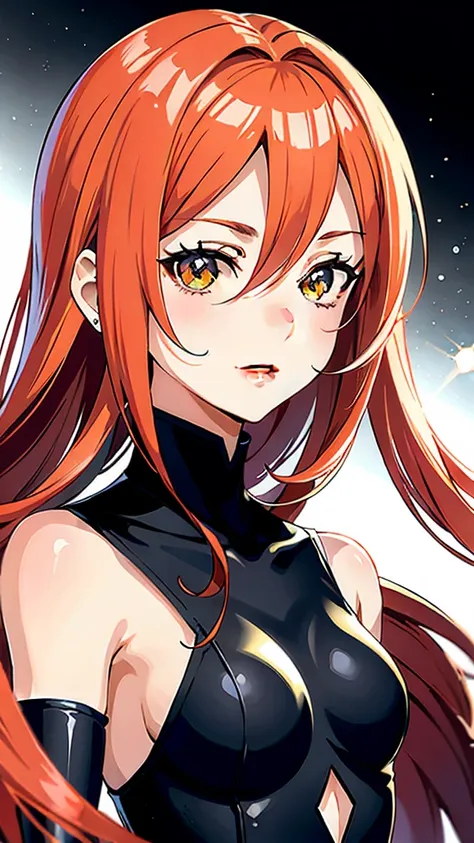 garota de anime com cabelo ruivo e gravata borboleta, [[[[galsoning evily]]]], bright red head, com olhos vermelhos brilhantes, lindo retrato de anime, impressionante retrato de rosto de anime, also, com olhos vermelhos brilhantes, sorriso astuto, retrato ...