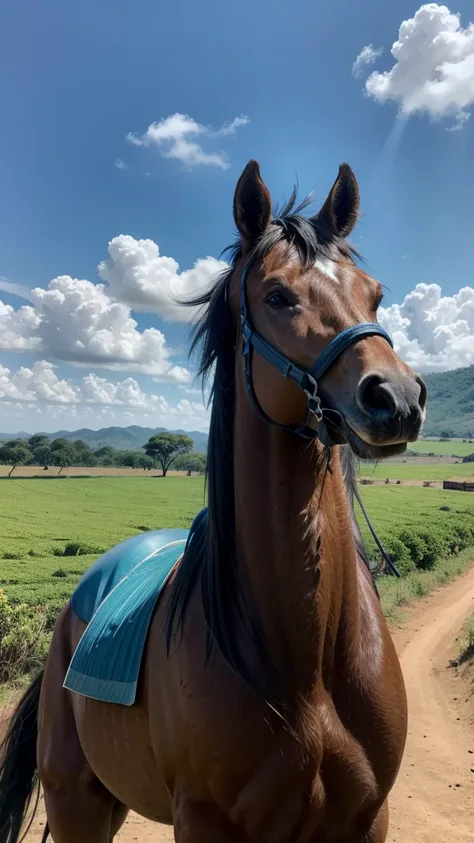 fundo fazenda com cavalos e o ceu azul com nuvens mais palido