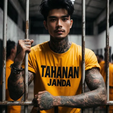 Indonesian man with tattoos on his arms wearing a yellow t-shirt that says "TAHANAN JANDA", standing behind the prison fence, he is holding the fence, his gaze is sharp, his body is sweaty, front view shot from behind the prison fence, high quality portrai...