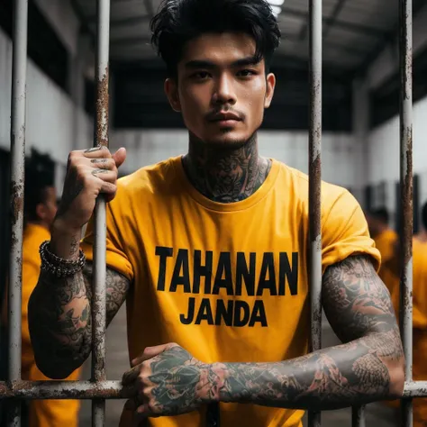 Indonesian man with tattoos on his arms wearing a yellow t-shirt that says "TAHANAN JANDA", standing behind the prison fence, he is holding the fence, his gaze is sharp, his body is sweaty, front view shot from behind the prison fence, high quality portrai...