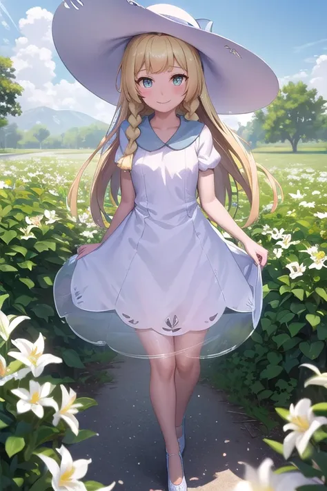 1 girl, masterpiece, top quality, lillie (pokemon), lillie, dress, green eyes, blonde hair, long hair, white dress, blush, white...