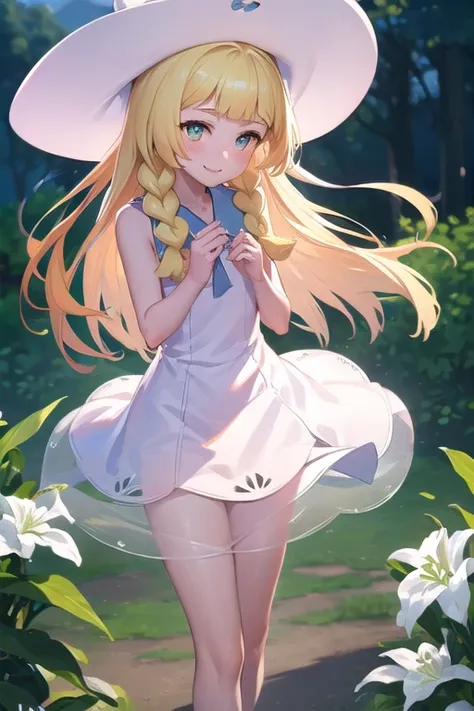 1 girl, masterpiece, top quality, lillie (pokemon), lillie, dress, green eyes, blonde hair, long hair, white dress, blush, white...