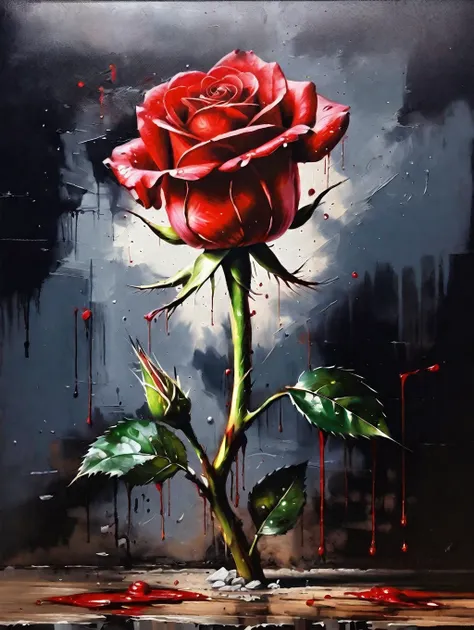 tuberculosis, the red rose oil painting is very realistic., growing along the road, stem coming out of concrete, nighttime, ligh...