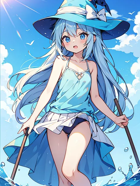 hyper cute shota,light blue witch hat,light blue loose long hair,
tank-top-bikini,