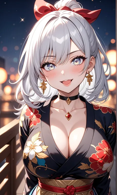 ((One personの女性)), Beautiful Face,Laughing shyly,((Wink:2.0)),Laugh with your mouth wide open((Bright red cheeks:1.4)),Glossy pink lips,night,rooftop,Festive decorations,You can see the ocean, firework,Laughing with your mouth open,Glossy pink lips,Lightin...