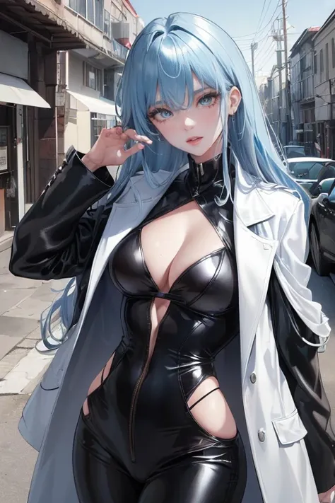 (Highest Resolution, clear_image) Highest quality, a females masterpiece, Very detailed, Semi-realistic,(Most of the body), (Highest quality, masterpiece, Ultra-realistic),Blue Hair, Wolf Cut, Torn black bangs, Open jacket, Shadow on the eye, Long Hair, Wo...