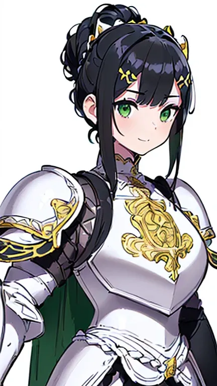 ((Masterpiece: 1.3)), ((Highest quality: 1.2)), ((Very detailed: 1.4)), One Girl, ((Black Hair: 1.1)), ((Updo: 1.1)), Hair Bun, ((White armor: 1.7)), ((Simple plain armor: 1.7)), (((Woman warrior))), Green Eyes, Smile, ((Simple Background: 1.2)), (ornate h...