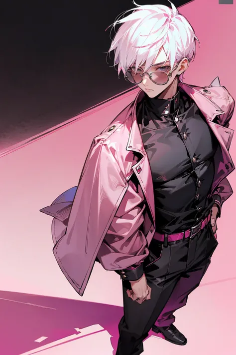 1male, white hair, short spiked hair, dark sin, round eyewear, tinted eyewear, pink tinted eyewear, baggy black jacket, pink design shirt, black pants, city background, detailed background, hands to side, standing on path