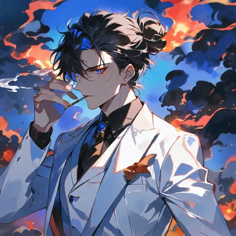 solo, handsome, Watercolor,1 male, Man Bun,short hair, black hair, red ＆ blue eyes,black light, White Suit, smoke, smoking, black fire